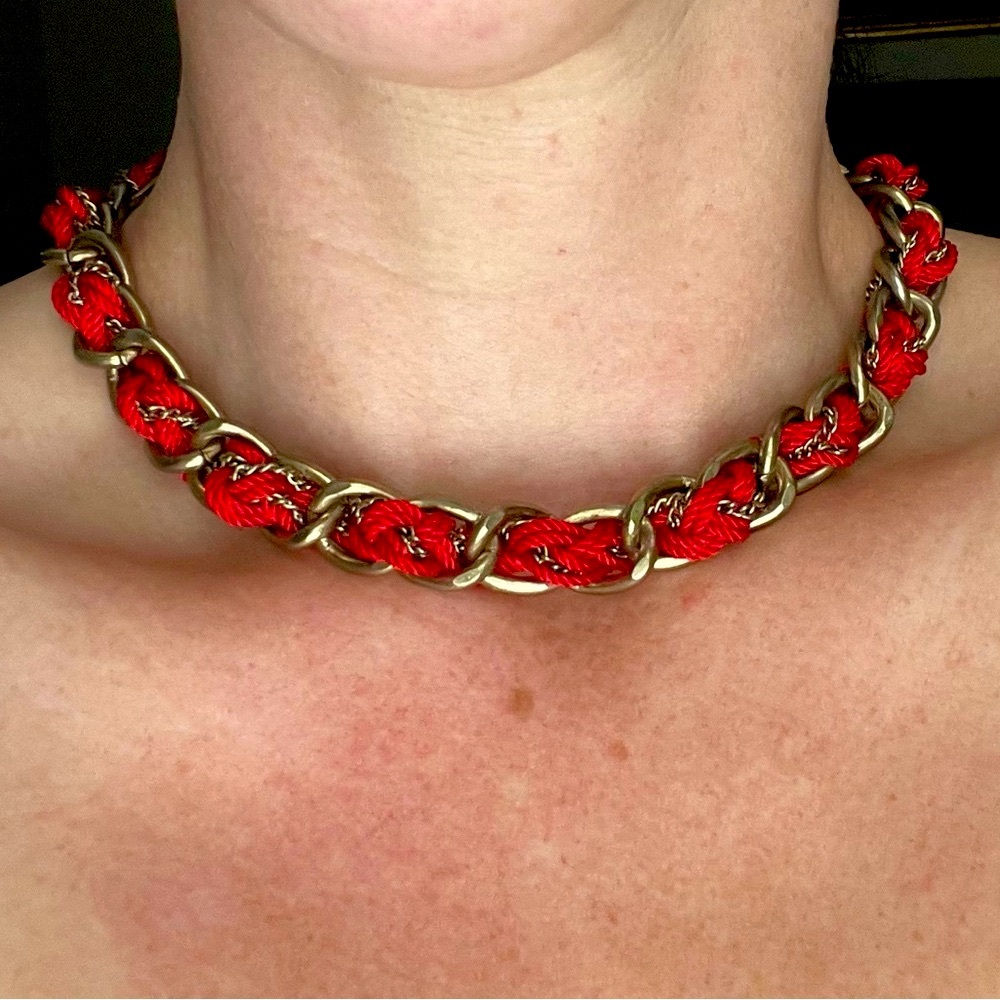 Gold & Red Chain Woven Necklace